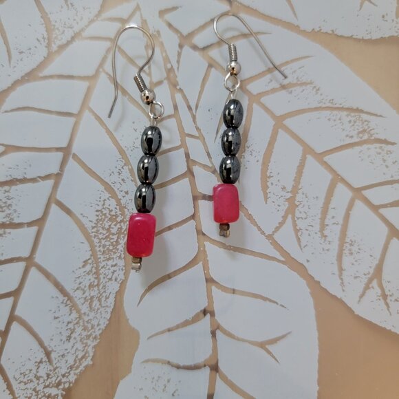 Vintage Silver Tone Earrings Lightweight Dangle Drop, Black Pink Elegant - Picture 1 of 5